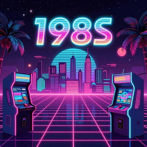 Neon-lit 1980s retro arcade scene with two arcade machines, city skyline, palm trees, and 