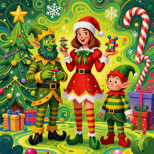 Colorful Christmas illustration: Santa-clad woman with elf children, green-striped outfits, holding colorful toys, star tree, candy cane, gifts, swirling