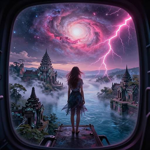 Digital fantasy artwork: Silhouetted girl with long hair stands on bridge, facing swirling galaxy, pink lightning, and mystical floating temples. Viewed