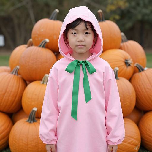 Photo of an Asian toddler in a pink pumpkin hooded onesie with green bow, standing in front of a large pile of orange pumpkins.