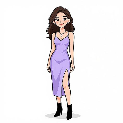 Digital illustration of a smiling woman with long brown hair, wearing a lavender, strapless, high-slit dress, black ankle boots, and a necklace