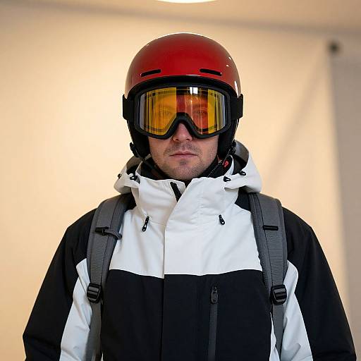 Photograph of a man wearing a red helmet, orange-tinted goggles, white and black winter jacket, and gray backpack, against a blurred white