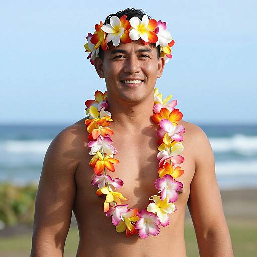 Photograph of a smiling, shirtless Asian man wearing a colorful flower lei and headpiece, standing on a beach with ocean waves in the background.