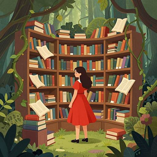 Digital illustration of a woman in a red dress, standing before a lush, vine-covered bookshelf filled with colorful books and floating papers in a forest clearing