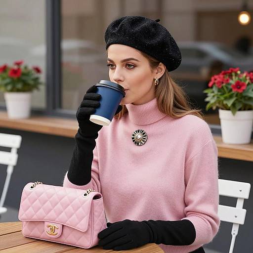 Chic Woman Enjoying Coffee Outdoors