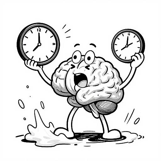 Black and white cartoon of a excited, anthropomorphic cloud character shouting, holding two clocks above its head with splashing water below.
