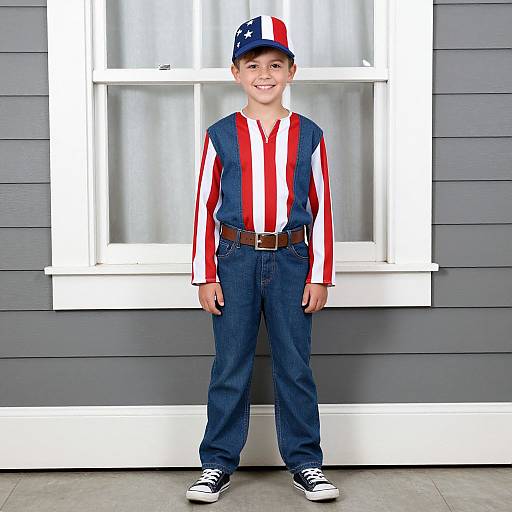 Photograph of a young boy in denim overalls, red and white striped shirt, navy cap with stars, black sneakers, standing in front of gray