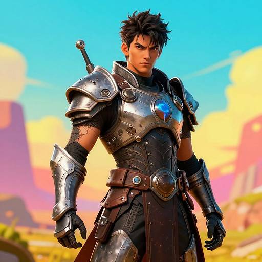 Digital art of a muscular, dark-haired man in shiny, silver armor with a blue gem, standing confidently in a vibrant, colorful landscape.