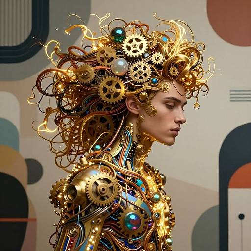 Digital artwork of a woman with a mechanical, golden, gear-filled head and torso, featuring intricate gears, wires, and glowing accents. Background includes abstract
