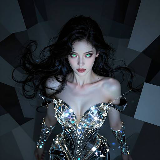 Digital artwork of a pale-skinned, green-eyed woman with long black hair, wearing a shimmering, star-embellished, off-should