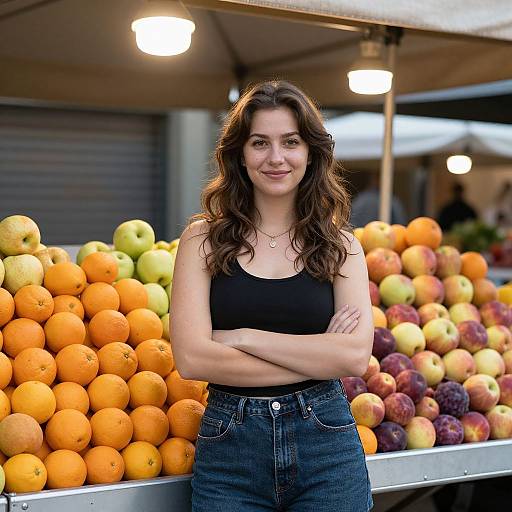 Confident Woman at Vibrant Fruit Stand