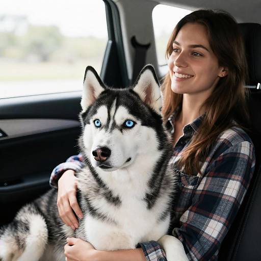 Joyful Woman and Siberian Husky in Car