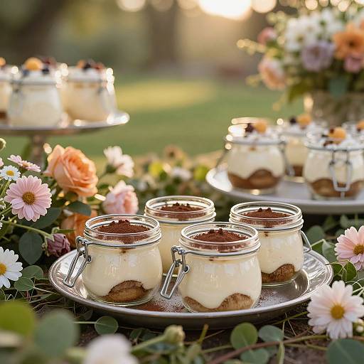Photograph of glass jars filled with creamy dessert, topped with chocolate shavings and nuts, on a floral-themed outdoor table.