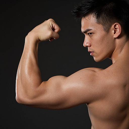 Photograph of a muscular, shirtless Asian man with short black hair, flexing his right bicep against a black background.