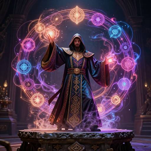 Magician Casting Spell on Stone Altar