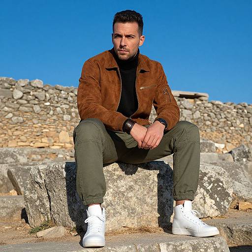 Photograph of a bearded man with short dark hair, wearing a brown suede jacket, black turtleneck, green pants, and white sneakers,