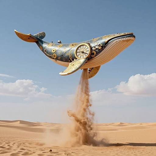 Photorealistic CGI of a whimsical, golden-decorated blue whale with clock-like patterns soaring above a desert, leaving a sand plume behind