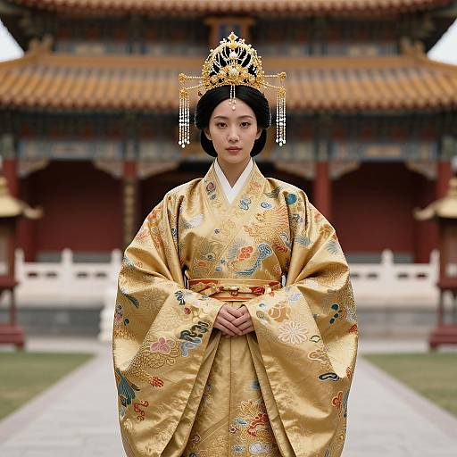 Photograph of an East Asian woman in a gold, floral-patterned kimono with a detailed headdress, standing in front of a traditional Chinese temple