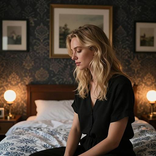 Blonde Woman Sitting on Bed in Dark Room