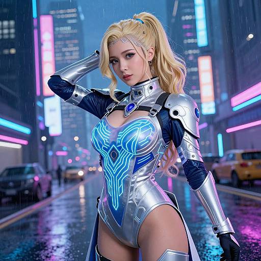 Blonde woman in futuristic silver armor with glowing blue patterns stands in a neon-lit, rainy city street, hand on head. CGI.