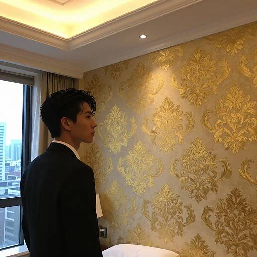 Photograph of a young man in a black suit standing in an elegant room with gold damask wallpaper, looking to the side, near a window with