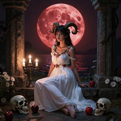 Photograph of a dark-haired woman with ram horns, wearing a white, flowing dress, sitting before a red full moon, surrounded by candles, skulls