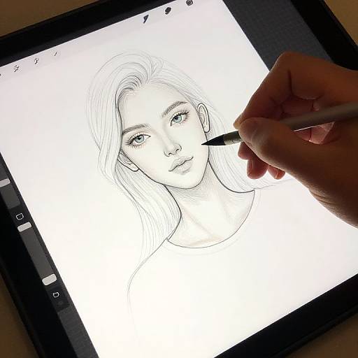 Photograph of a hand drawing a monochrome, detailed sketch of a young woman with long hair on a tablet screen.