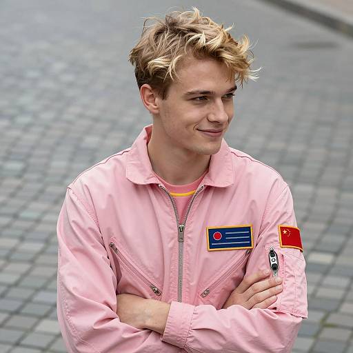 Young Man in Pink Flight Suit Outdoors