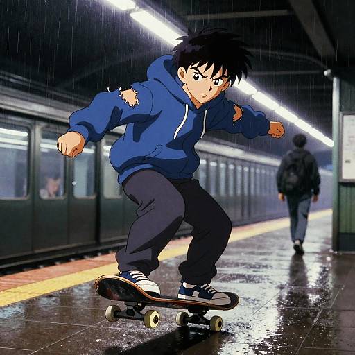 1990s Anime Skateboarder at Rainy Subway Platform