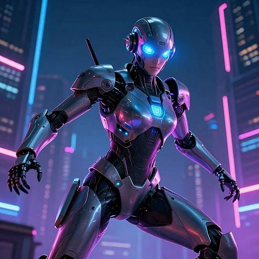CGI image of a sleek, silver, glowing blue-eyed female android with futuristic armor, standing in a neon-lit, cyberpunk cityscape.