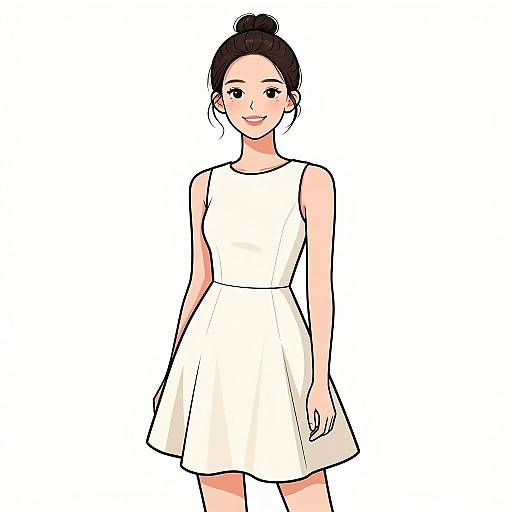 Digital illustration of a smiling Asian woman with a bun, wearing a sleeveless, white, knee-length dress, standing against a white background.
