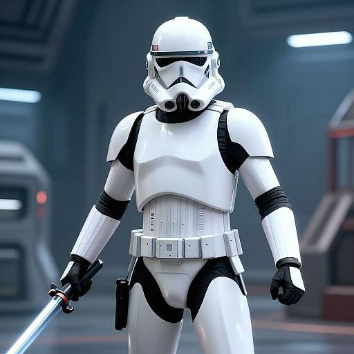 CGI image of a white and black Stormtrooper with a blaster, standing in a dimly lit futuristic industrial setting.