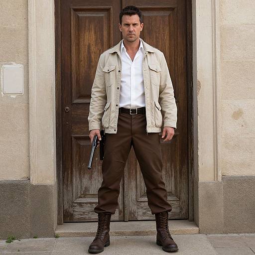 Photograph of a muscular man with dark hair, wearing a beige jacket, white shirt, brown pants, and boots, standing in front of a wooden