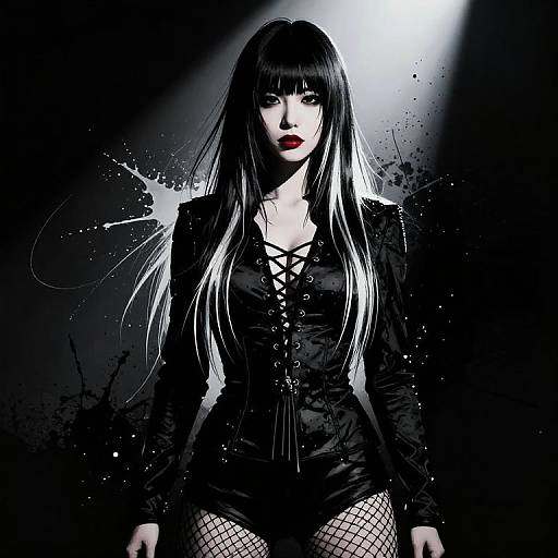 Digital artwork of a pale-skinned, black-haired woman with red lips, wearing a black lace-up blouse, fishnet stockings, and a leather jacket