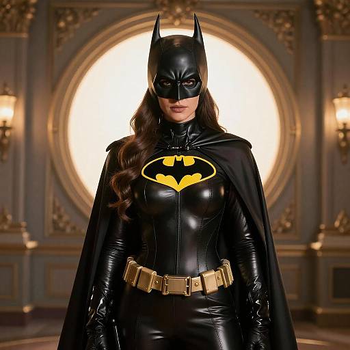Photorealistic Woman in Glossy Batman Costume
