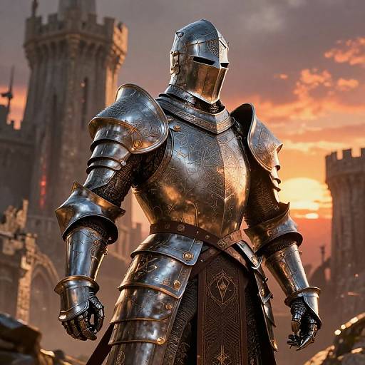 Photorealistic CGI of a knight in shiny, ornate medieval armor standing in front of a sunset-lit castle with towers.