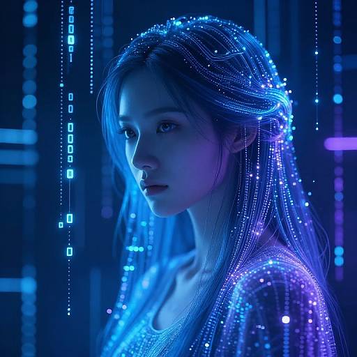 Digital art of a young woman with glowing blue and purple hair, wearing a luminous, cybernetic-like dress, set against a dark, neon