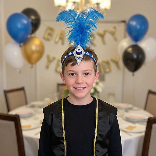 Photograph of a young boy with short brown hair, wearing a black outfit, blue feathered headband, smiling, in a party room with balloons