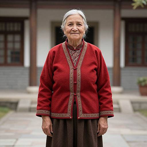 Photograph of an elderly Asian woman with gray hair, wearing a red embroidered blouse and brown skirt, standing in front of a traditional building.