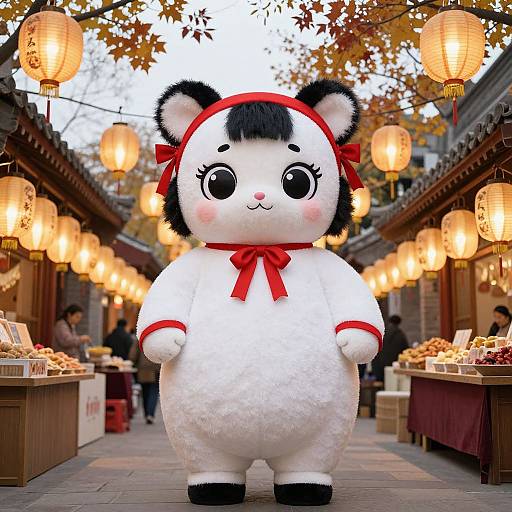 Cute, plush bear mascot in red bow and ribbon, standing in a lantern-lit, traditional Asian street market with autumn leaves.