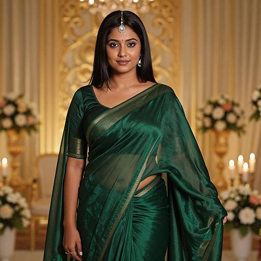 Photograph of an Indian woman with medium brown skin, black hair, wearing a green silk saree, gold jewelry, and a forehead bindi,