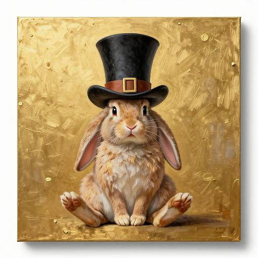 Digital painting of a fluffy brown rabbit with large ears, sitting and wearing a black top hat with a brown band and gold buckle, against a textured gold