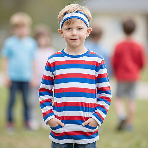 Photograph of a blond boy with blue headband, wearing red, white, and blue striped shirt, standing in a grassy park, blurred children
