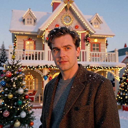 Photograph of a handsome man with dark hair, wearing a gray sweater and brown blazer, standing in front of a festively decorated, snow-covered