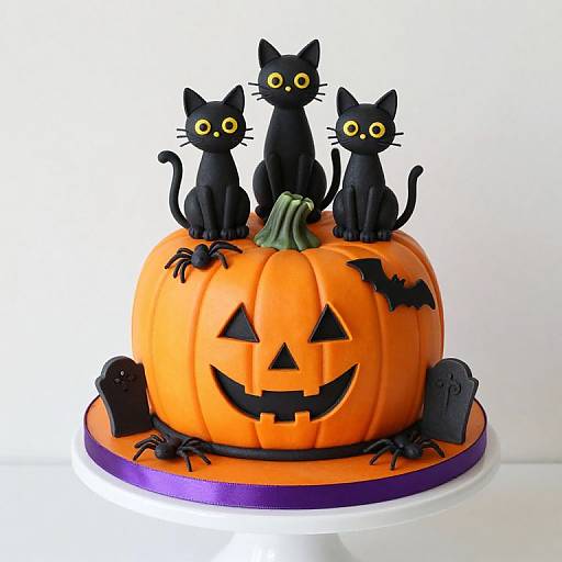 Photograph of a Halloween-themed cake with a bright orange pumpkin, carved with a jack-o'-lantern face, topped by three black fondant cats