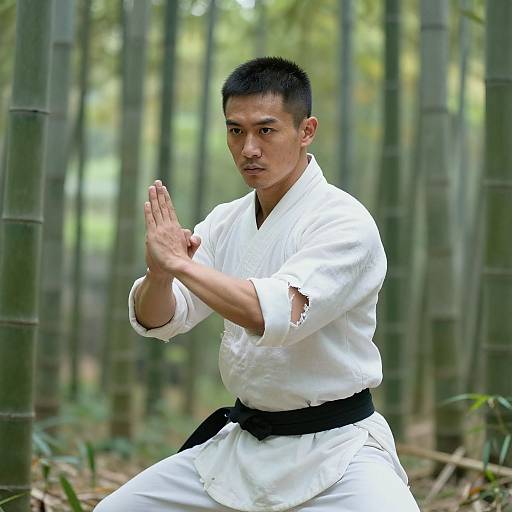 Photograph of an Asian man in a white karate gi with black belt, hands in a defensive stance, in a bamboo forest.