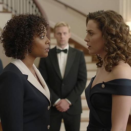 Two Women in Conversation with Man in Tuxedo Background