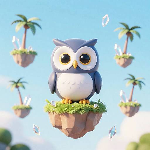 Cute Alien Owl on Floating Crystal Islands