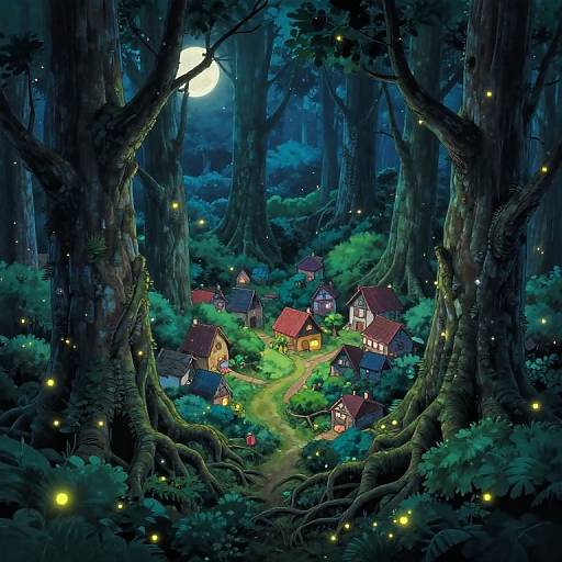 Enchanted forest at night, glowing fireflies surround whimsical, warmly lit wooden houses with red roofs, framed by towering trees under a full moon