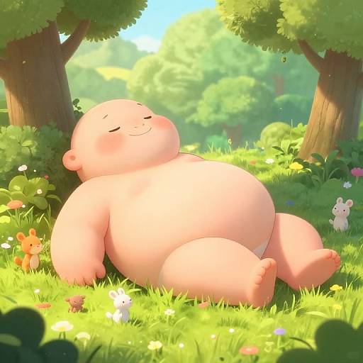 Cartoon-style image of a chubby, bald, pink-skinned character with closed eyes, smiling, lying on grass in a sunlit forest, surrounded